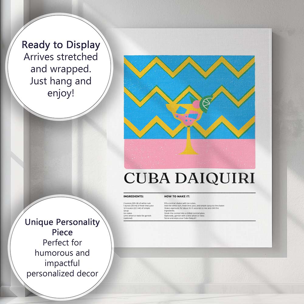 Retro Cuba Daiquiri Cocktail Recipe Illustration Canvas Wall Art Print Decor Picture Ready to Hang