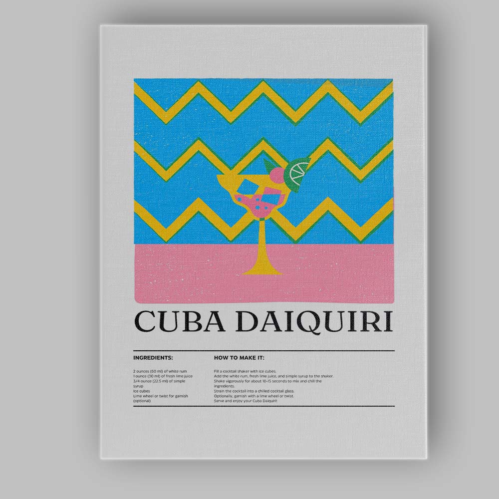 Retro Cuba Daiquiri Cocktail Recipe Illustration Canvas Wall Art Print Decor Picture Ready to Hang