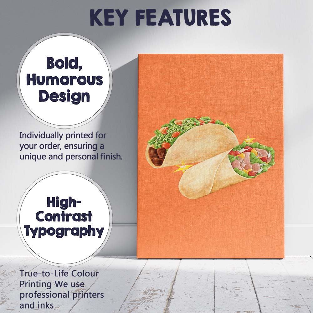 Watercolour Stuffed Pita Wrap Sandwich Fast Food Illustration Canvas Wall Art Print Decor Picture Ready to Hang