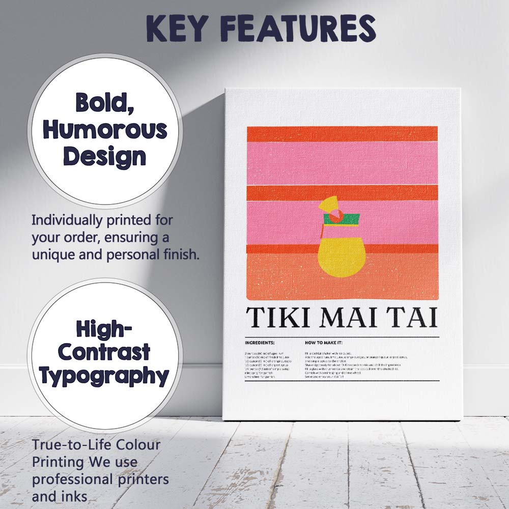 Retro Tiki Mai Tai Cocktail Recipe Illustration Canvas Wall Art Print Decor Picture Ready to Hang