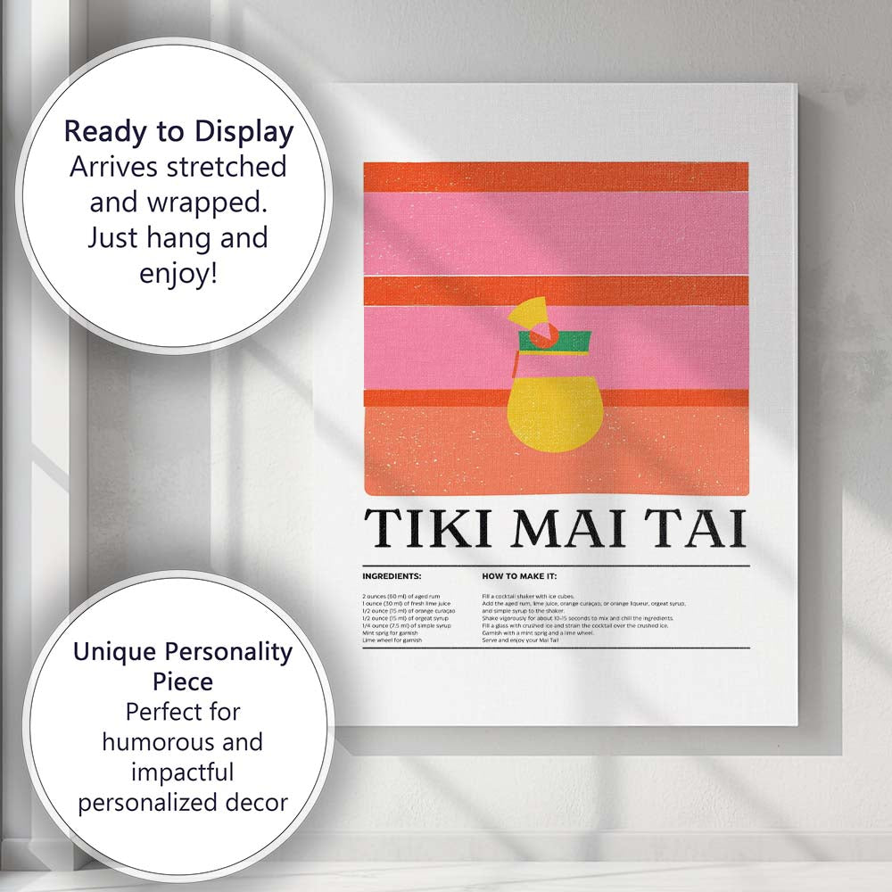 Retro Tiki Mai Tai Cocktail Recipe Illustration Canvas Wall Art Print Decor Picture Ready to Hang