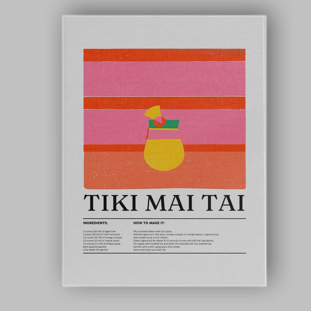 Retro Tiki Mai Tai Cocktail Recipe Illustration Canvas Wall Art Print Decor Picture Ready to Hang