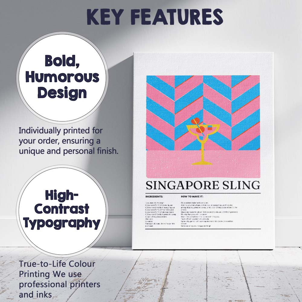 Retro Singapore Sling Cocktail Recipe Illustration Canvas Wall Art Print Decor Picture Ready to Hang