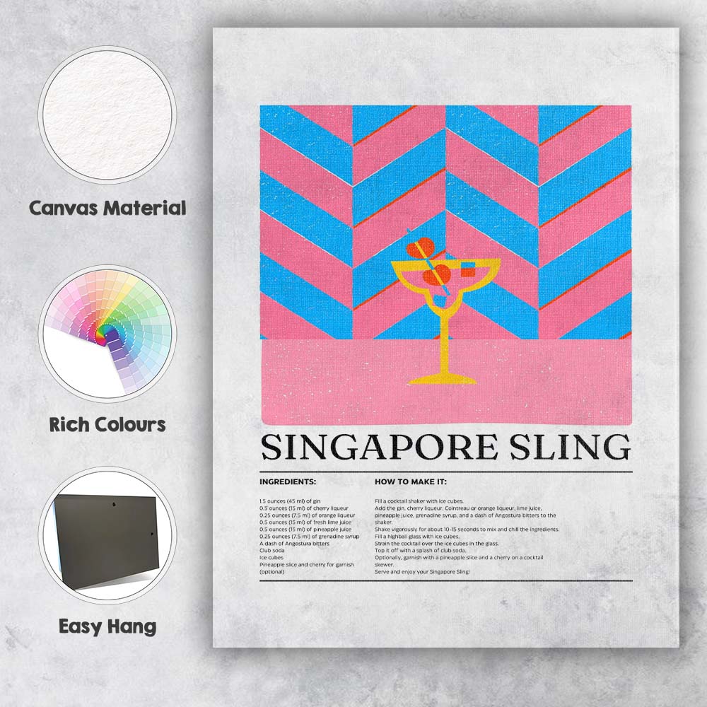 Retro Singapore Sling Cocktail Recipe Illustration Canvas Wall Art Print Decor Picture Ready to Hang