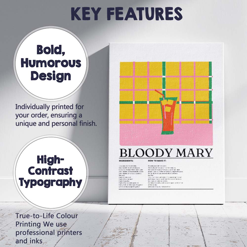 Retro Bloody Mary Cocktail Recipe Illustration Canvas Wall Art Print Decor Picture Ready to Hang