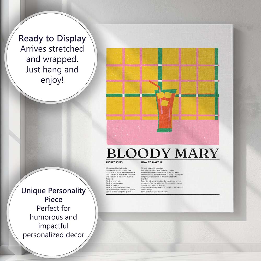 Retro Bloody Mary Cocktail Recipe Illustration Canvas Wall Art Print Decor Picture Ready to Hang