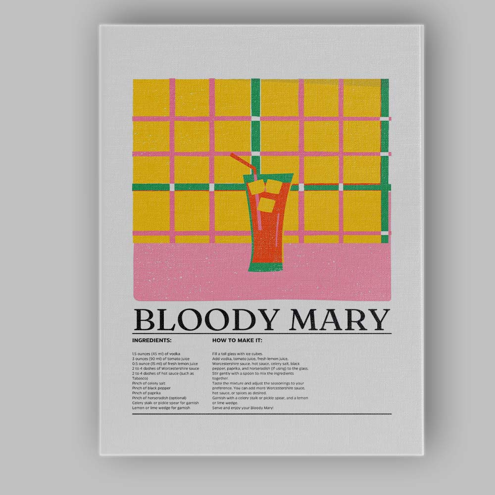 Retro Bloody Mary Cocktail Recipe Illustration Canvas Wall Art Print Decor Picture Ready to Hang