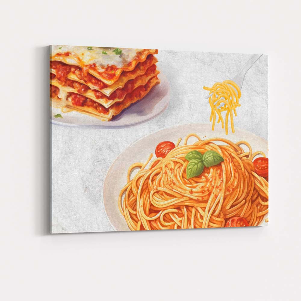 Watercolour Italian Lasagna and Spaghetti Pasta Kitchen Food Illustration Canvas Wall Art Print Decor Picture Ready to Hang