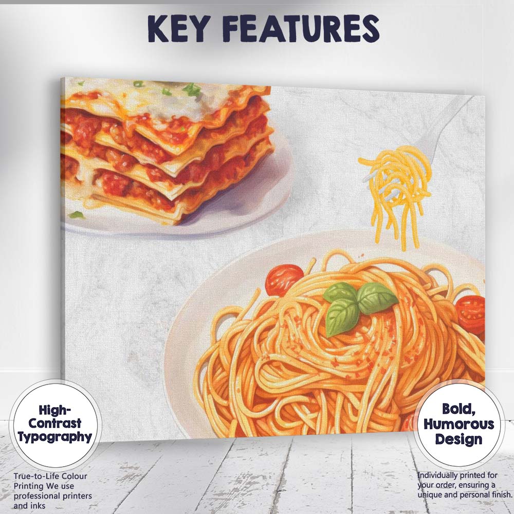 Watercolour Italian Lasagna and Spaghetti Pasta Kitchen Food Illustration Canvas Wall Art Print Decor Picture Ready to Hang