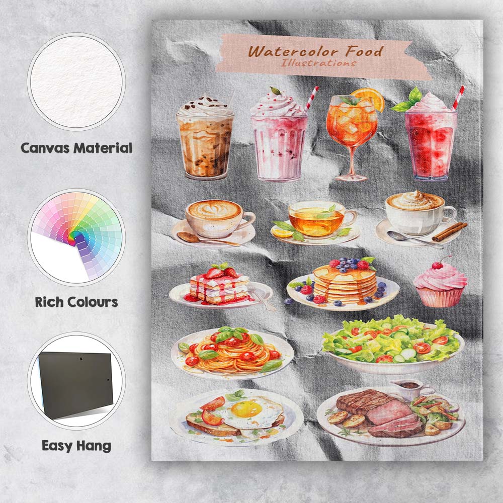 Watercolour Food and Drink Collection Illustration Canvas Wall Art Print Decor Picture Ready to Hang