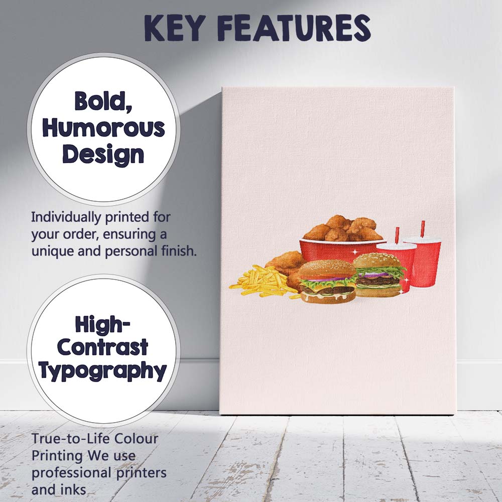 Fast Food Burgers Fried Chicken Fries and Soft Drinks Illustration Canvas Wall Art Print Decor Picture Ready to Hang