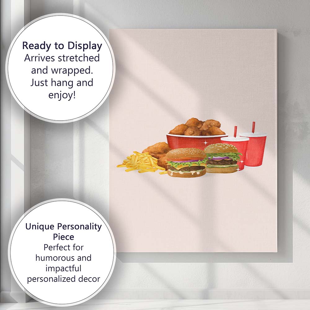 Fast Food Burgers Fried Chicken Fries and Soft Drinks Illustration Canvas Wall Art Print Decor Picture Ready to Hang