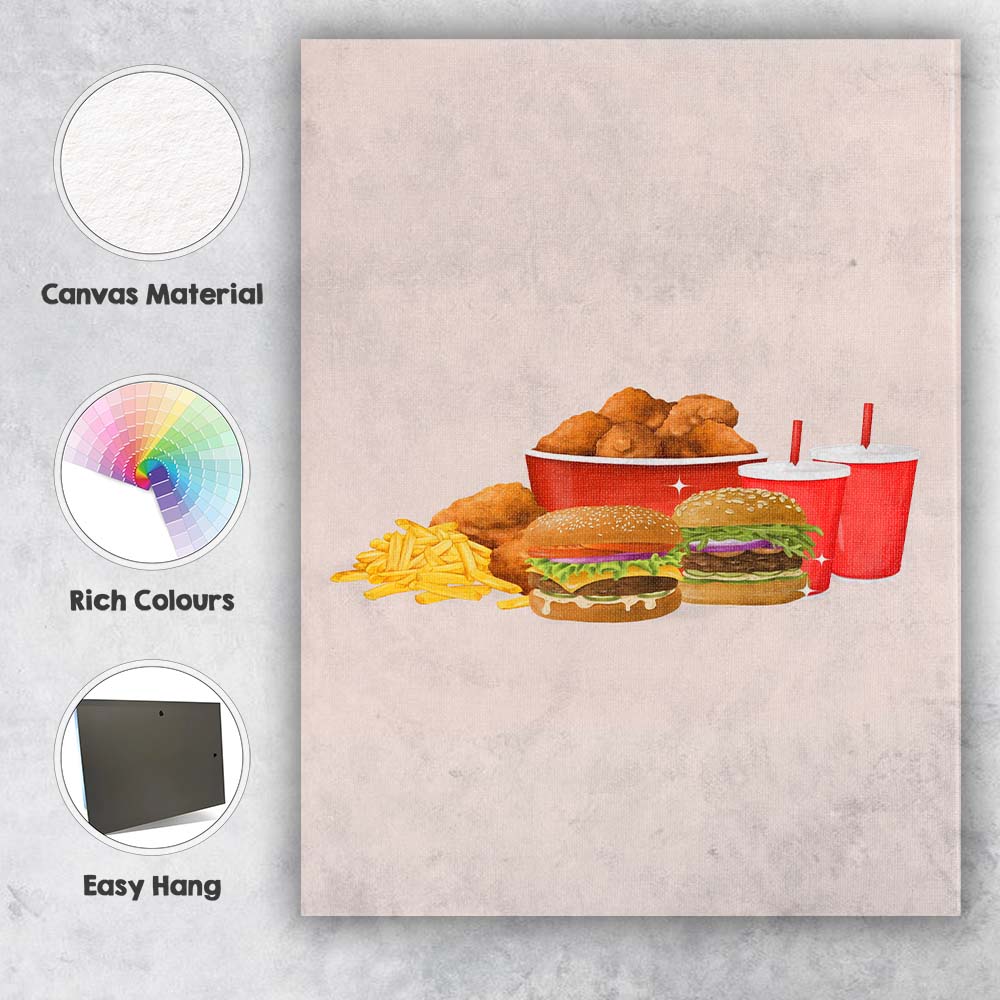 Fast Food Burgers Fried Chicken Fries and Soft Drinks Illustration Canvas Wall Art Print Decor Picture Ready to Hang