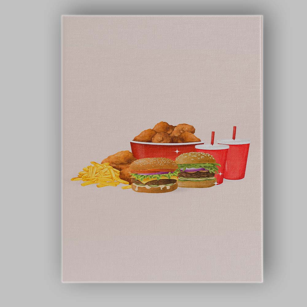 Fast Food Burgers Fried Chicken Fries and Soft Drinks Illustration Canvas Wall Art Print Decor Picture Ready to Hang