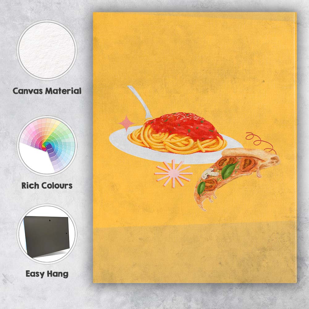 Italian Spaghetti and Margherita Pizza Food Illustration Canvas Wall Art Print Decor Picture Ready to Hang