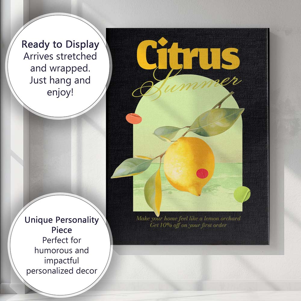 Summer Citrus Lemon Botanical Typography Illustration Canvas Wall Art Print Decor Picture Ready to Hang