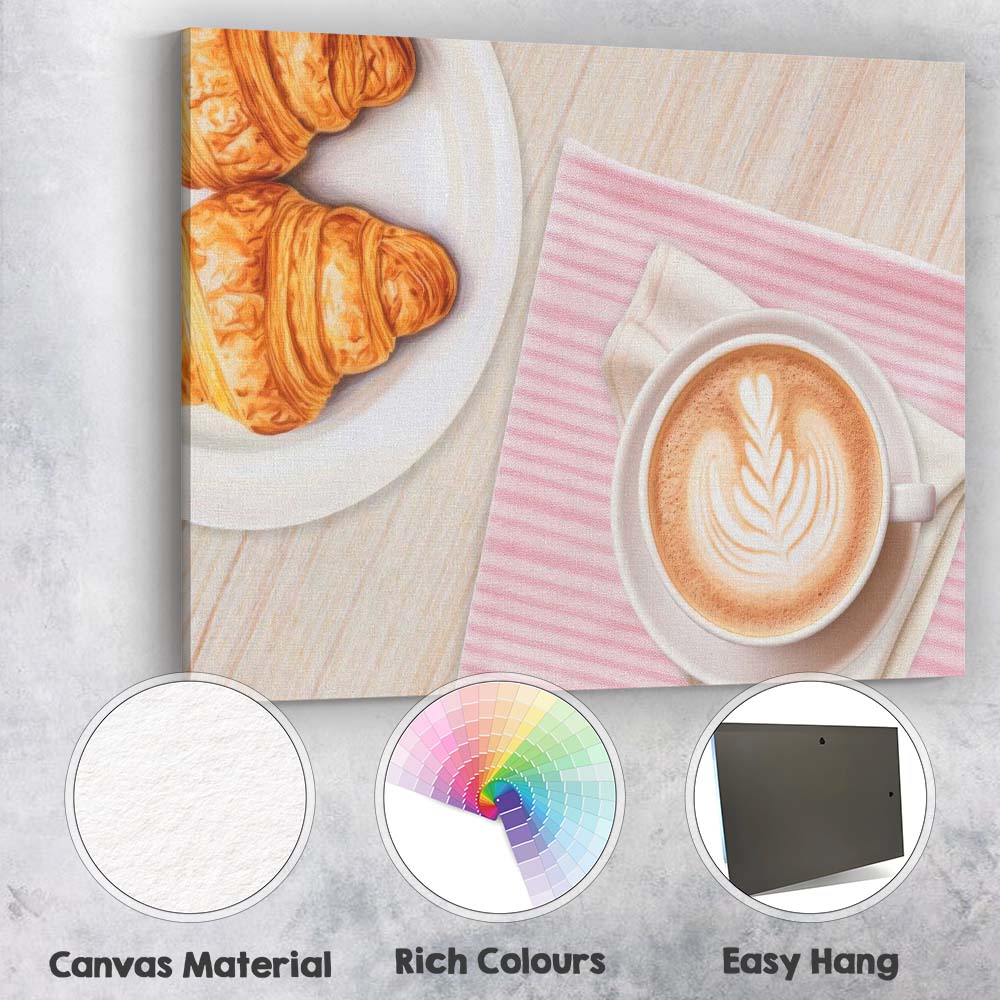 Fresh Croissants and Latte Coffee Breakfast Flat Lay Canvas Wall Art Print Decor Picture Ready to Hang
