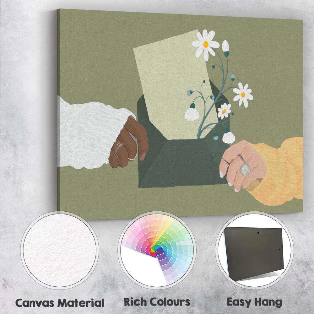 Minimal Floral Envelope Hands and Daisy Illustration Canvas Wall Art Print Decor Picture Ready to Hang