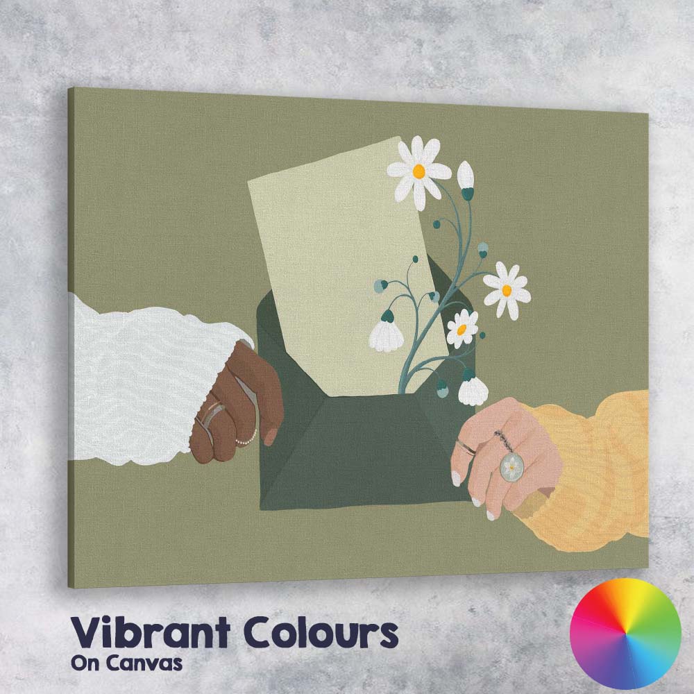 Minimal Floral Envelope Hands and Daisy Illustration Canvas Wall Art Print Decor Picture Ready to Hang