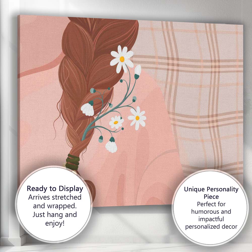 Boho Floral Hair Braid Daisy Botanical Portrait Illustration Canvas Wall Art Print Decor Picture Ready to Hang