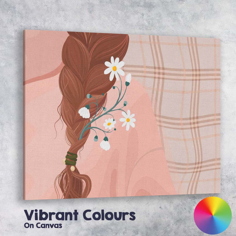 Boho Floral Hair Braid Daisy Botanical Portrait Illustration Canvas Wall Art Print Decor Picture Ready to Hang