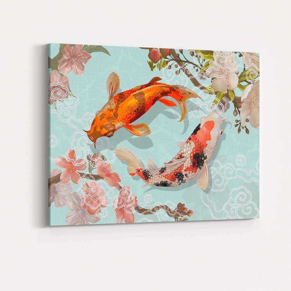 Japanese Koi Fish Cherry Blossom Oriental Water Garden Canvas Wall Art Print Decor Picture Ready to Hang