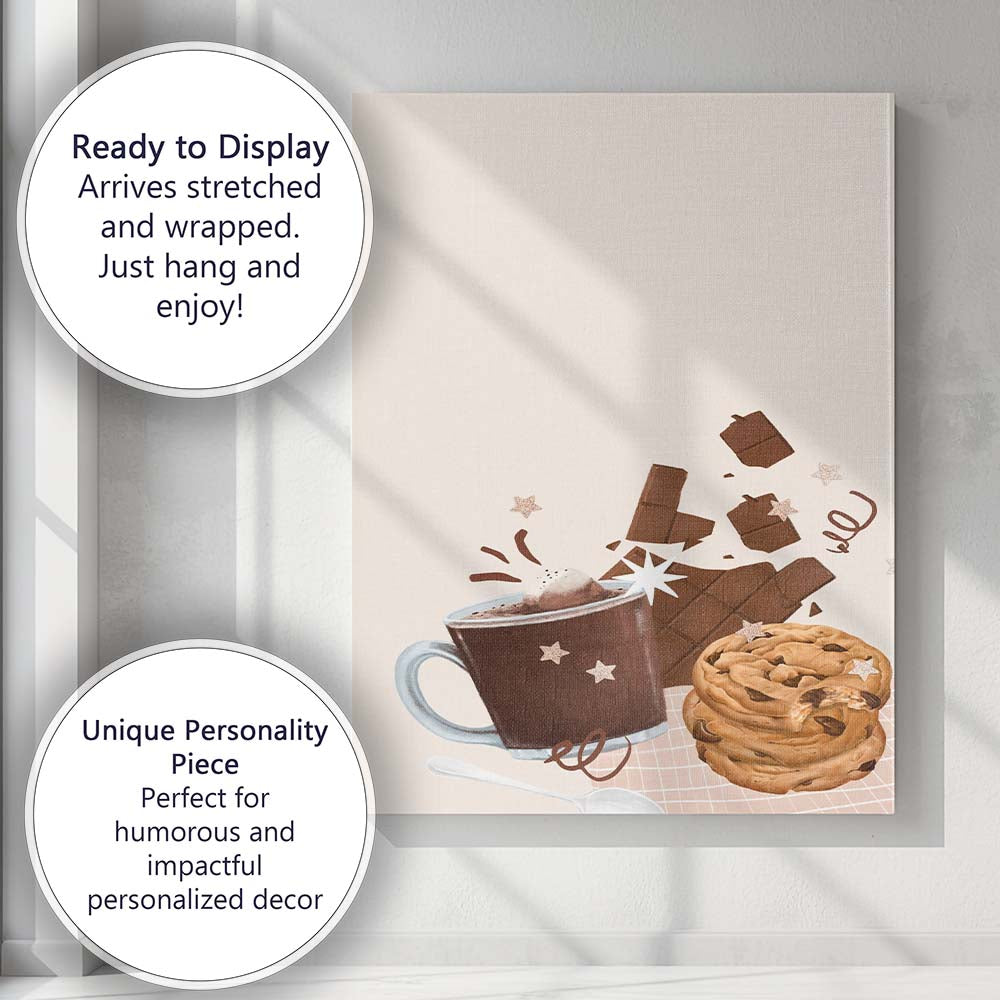 Cosy Hot Chocolate Cookies and Chocolate Treats Illustration Canvas Wall Art Print Decor Picture Ready to Hang