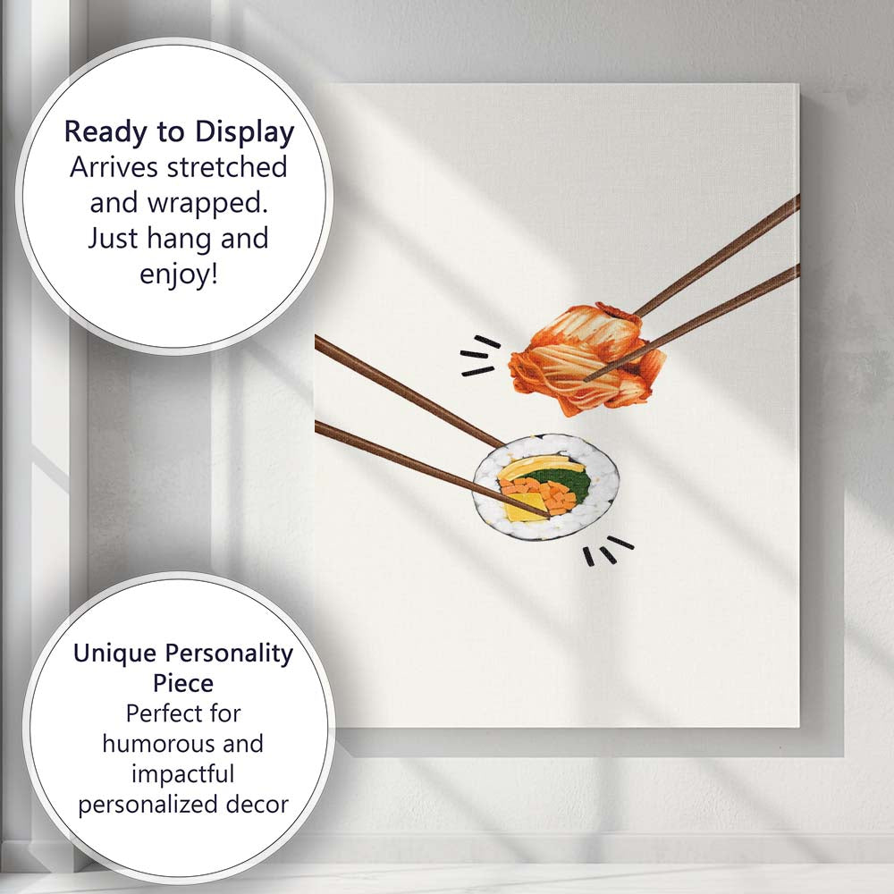 Minimal Korean Sushi Roll and Kimchi Chopsticks Food Illustration Canvas Wall Art Print Decor Picture Ready to Hang