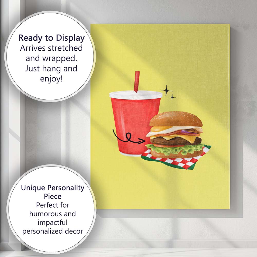 Cheeseburger and Soft Drink Fast Food Illustration Canvas Wall Art Print Decor Picture Ready to Hang
