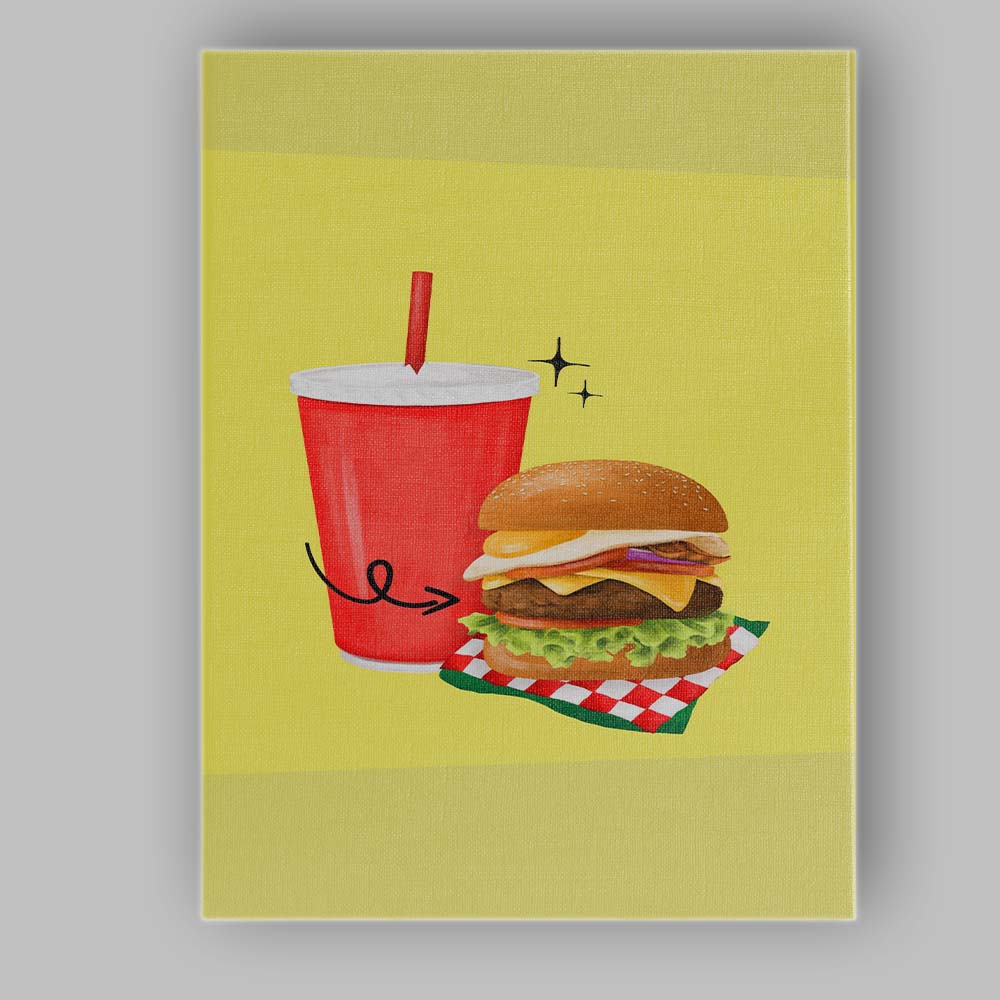 Cheeseburger and Soft Drink Fast Food Illustration Canvas Wall Art Print Decor Picture Ready to Hang