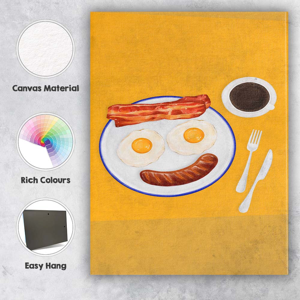 Smiley Breakfast Eggs Bacon Sausage and Coffee Illustration Canvas Wall Art Print Decor Picture Ready to Hang