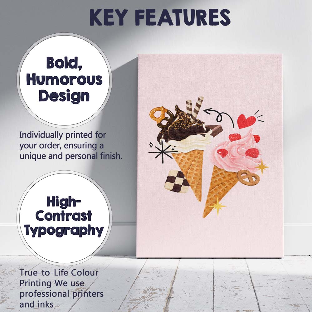 Chocolate and Raspberry Ice Cream Cones Sweet Dessert Illustration Canvas Wall Art Print Decor Picture Ready to Hang