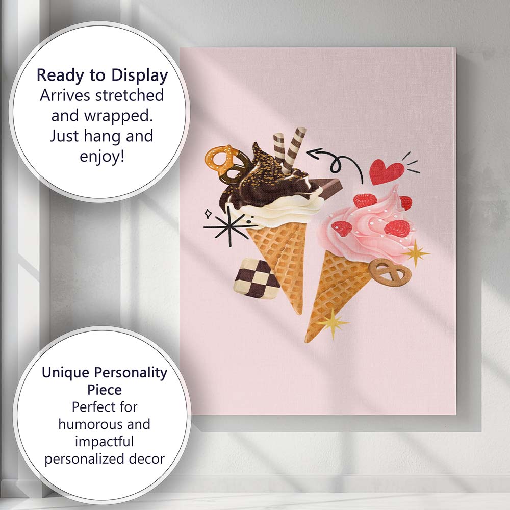 Chocolate and Raspberry Ice Cream Cones Sweet Dessert Illustration Canvas Wall Art Print Decor Picture Ready to Hang