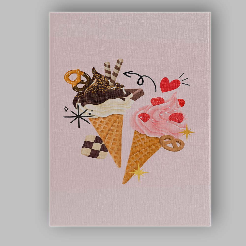 Chocolate and Raspberry Ice Cream Cones Sweet Dessert Illustration Canvas Wall Art Print Decor Picture Ready to Hang