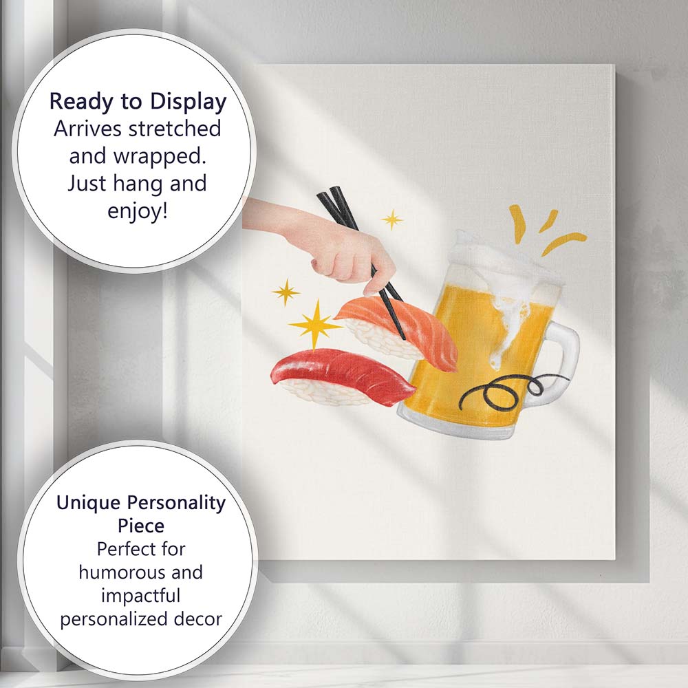 Japanese Sushi and Beer Minimal Food Illustration Canvas Wall Art Print Decor Picture Ready to Hang
