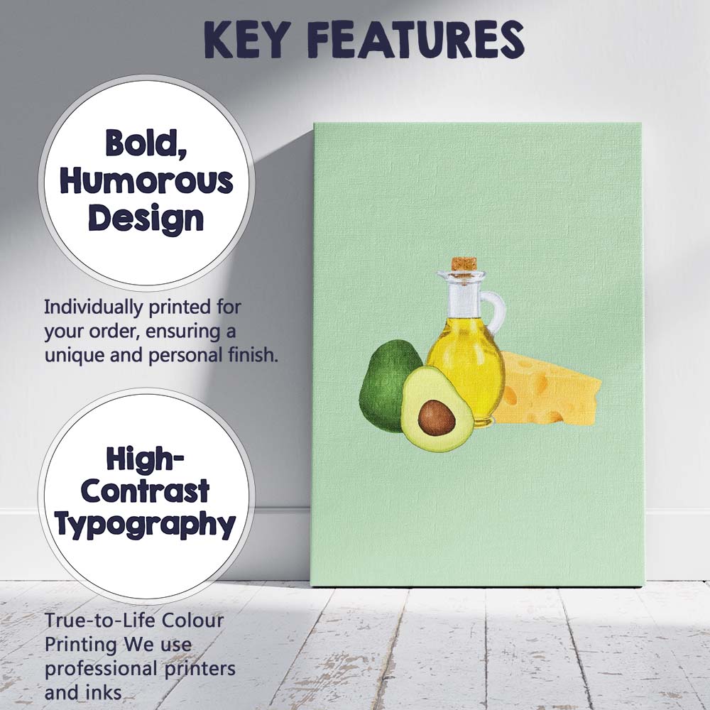 Avocado Olive Oil and Swiss Cheese Healthy Food Illustration Canvas Wall Art Print Decor Picture Ready to Hang