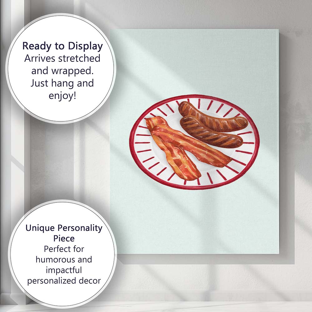 Classic Bacon and Sausage Breakfast Plate Illustration Canvas Wall Art Print Decor Picture Ready to Hang