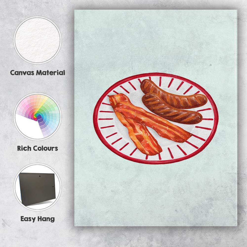 Classic Bacon and Sausage Breakfast Plate Illustration Canvas Wall Art Print Decor Picture Ready to Hang
