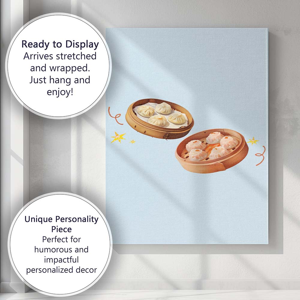 Steamed Dim Sum Dumplings Bamboo Basket Illustration Canvas Wall Art Print Decor Picture Ready to Hang