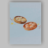 Steamed Dim Sum Dumplings Bamboo Basket Illustration Canvas Wall Art Print Decor Picture Ready to Hang