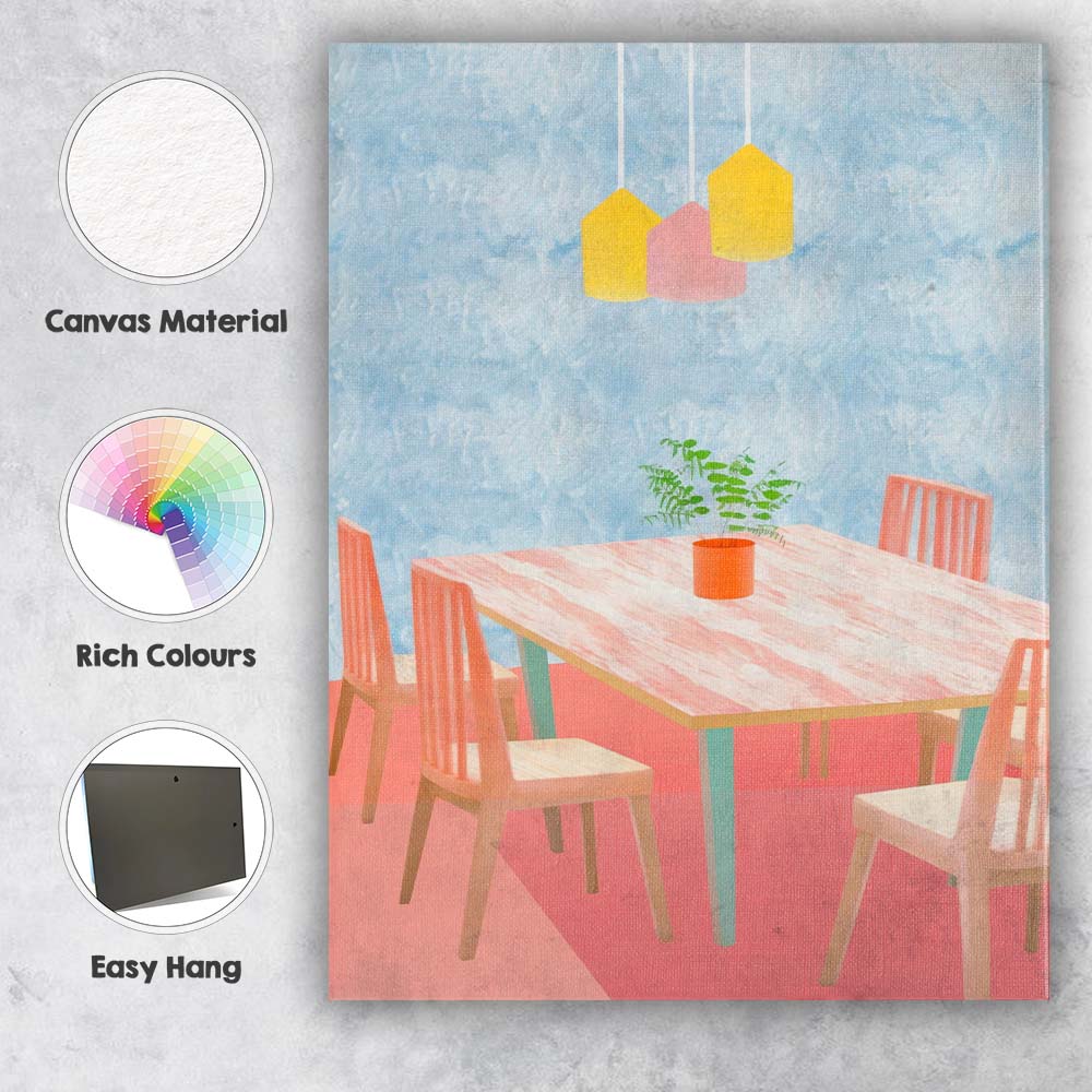 Pastel Scandinavian Dining Room Interior Illustration Canvas Wall Art Print Decor Picture Ready to Hang