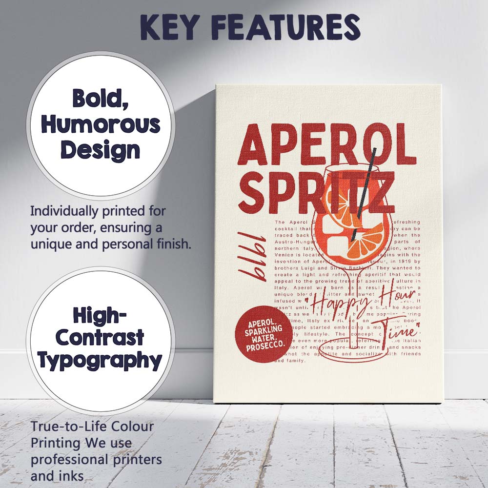 Modern Aperol Spritz Cocktail Typography Poster Canvas Wall Art Print Decor Picture Ready to Hang