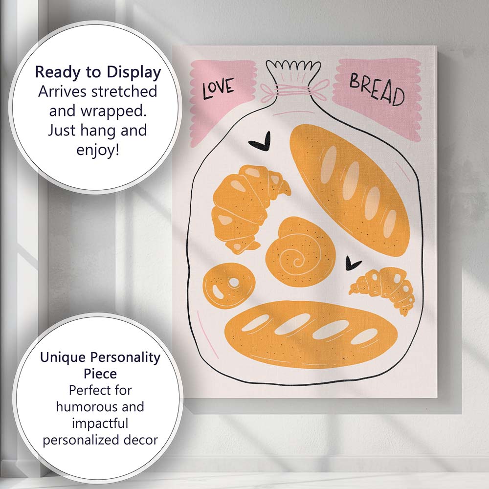 Love Bread Bakery Loaf Croissant Pastry Kitchen Illustration Canvas Wall Art Print Decor Picture Ready to Hang