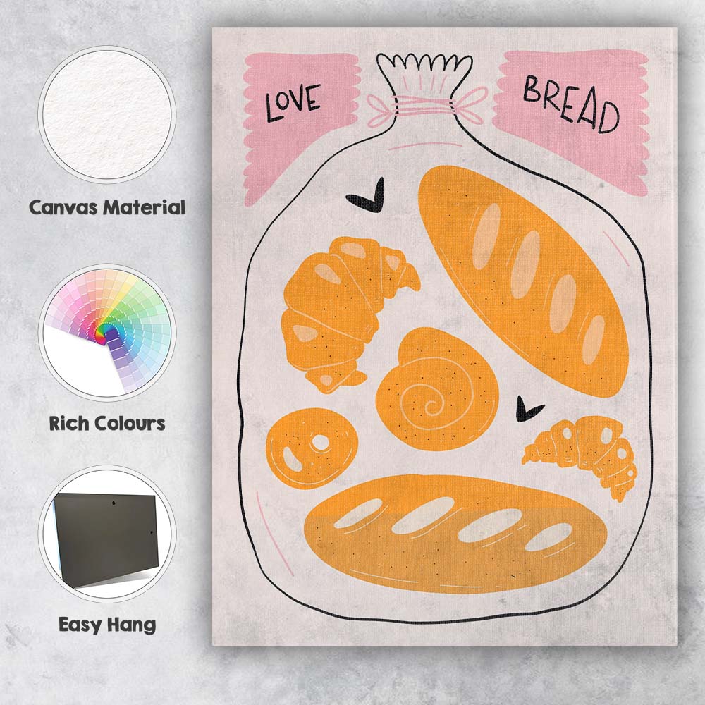 Love Bread Bakery Loaf Croissant Pastry Kitchen Illustration Canvas Wall Art Print Decor Picture Ready to Hang