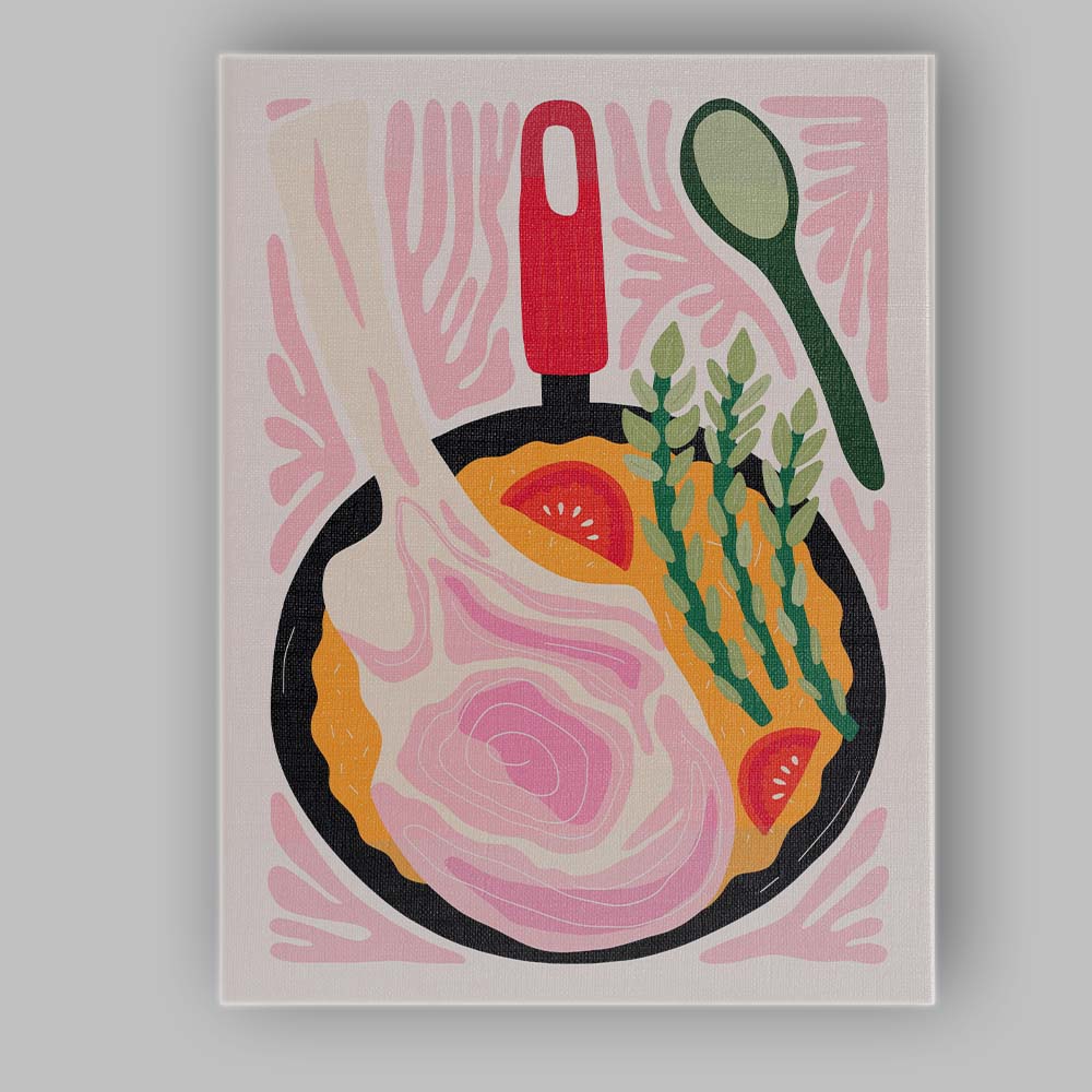 Roasted Gammon Ham Asparagus Skillet Dinner Food Illustration Canvas Wall Art Print Decor Picture Ready to Hang