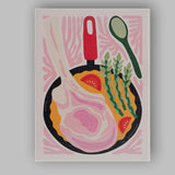 Roasted Gammon Ham Asparagus Skillet Dinner Food Illustration Canvas Wall Art Print Decor Picture Ready to Hang