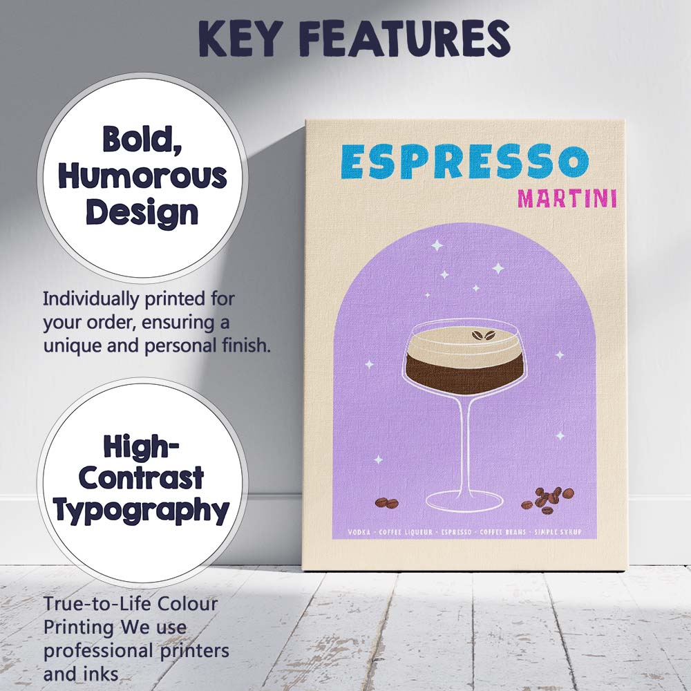 Espresso Martini Coffee Cocktail Bar Drink Illustration Canvas Wall Art Print Decor Picture Ready to Hang