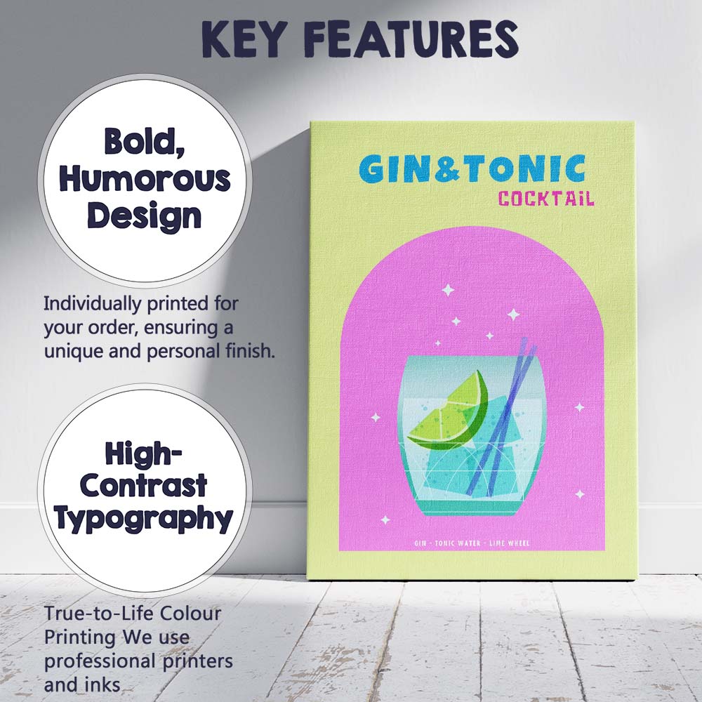 Gin And Tonic Cocktail Lime Highball Drink Illustration Canvas Wall Art Print Decor Picture Ready to Hang