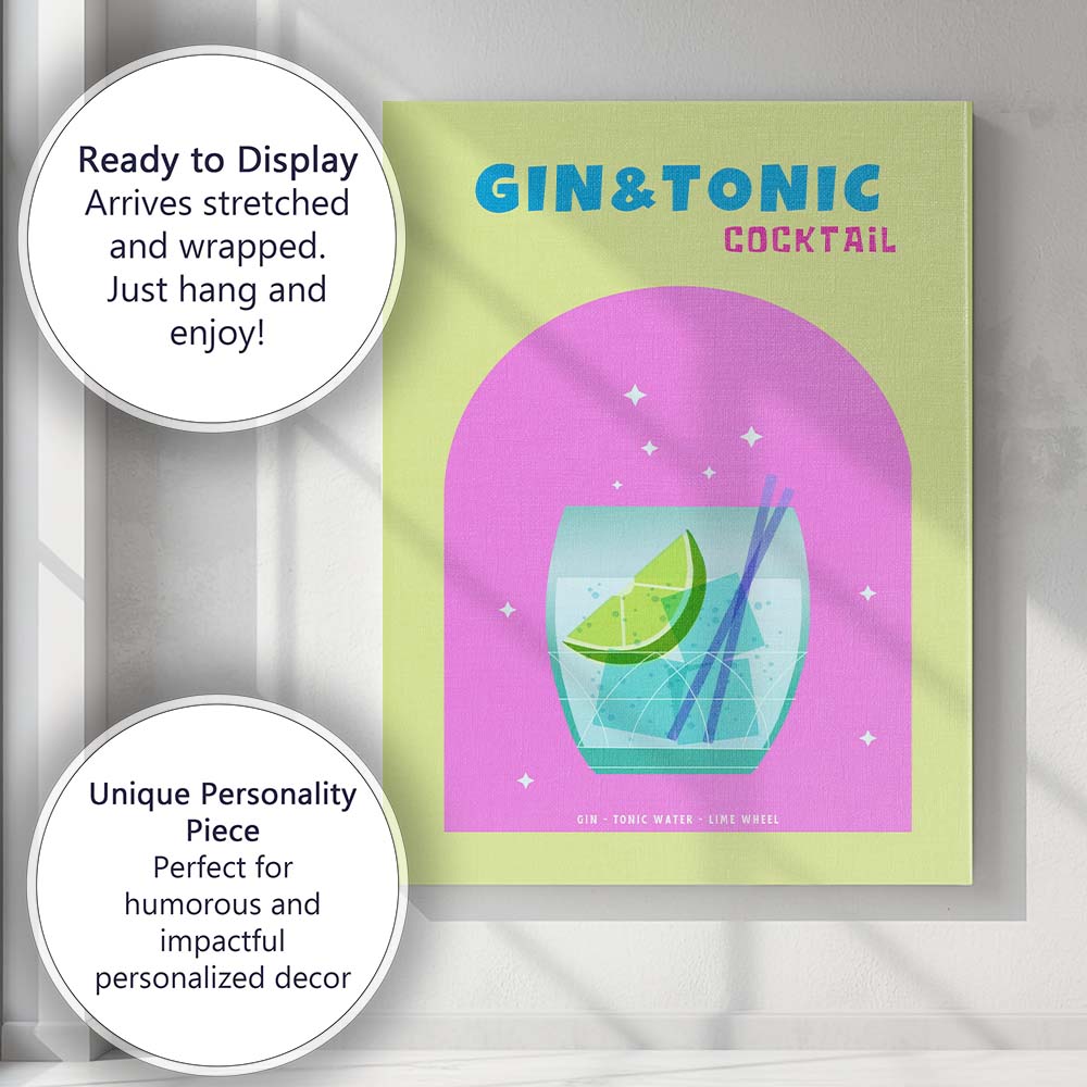 Gin And Tonic Cocktail Lime Highball Drink Illustration Canvas Wall Art Print Decor Picture Ready to Hang