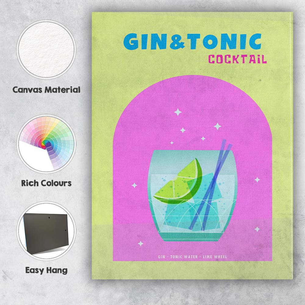 Gin And Tonic Cocktail Lime Highball Drink Illustration Canvas Wall Art Print Decor Picture Ready to Hang